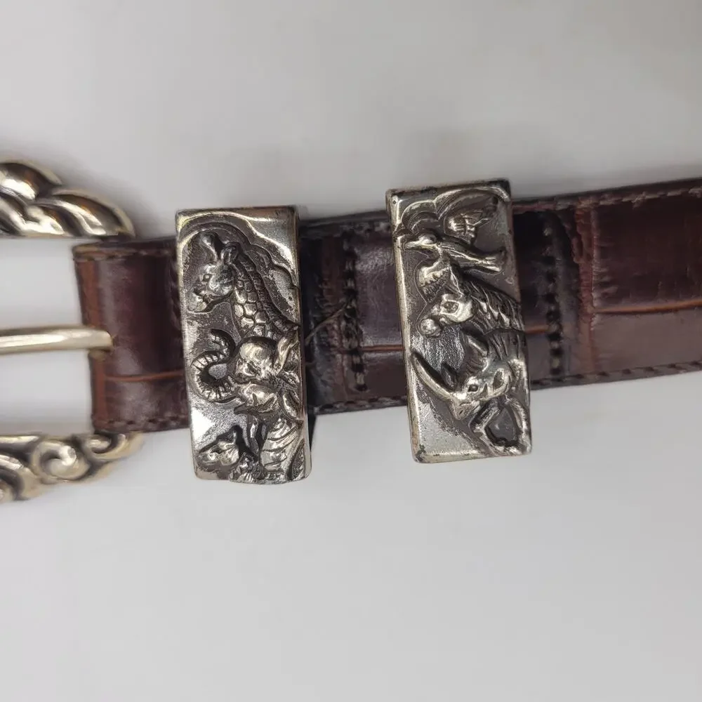 VTG Brighton Belt Sml Brown Leather Croc Embossed Noah's Ark Western 90s Cowgirl